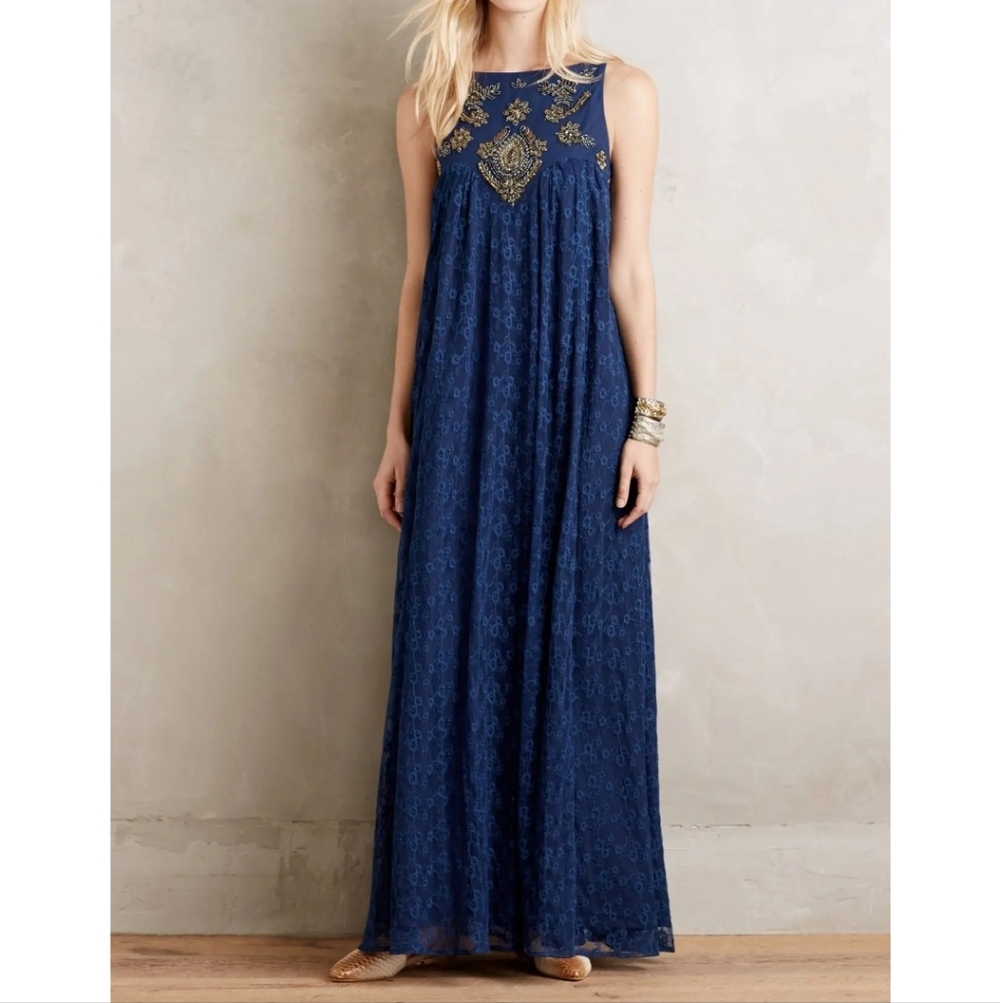 KOROVILAS Catalin Navy Blue Lace Maxi Dress